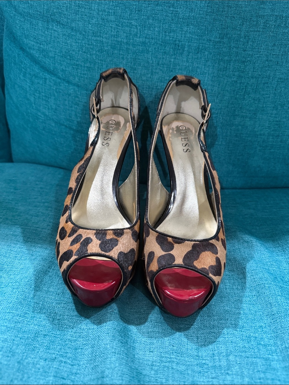 GUESS Leopard Print Peep-Toe Slingbacks with Red Toe